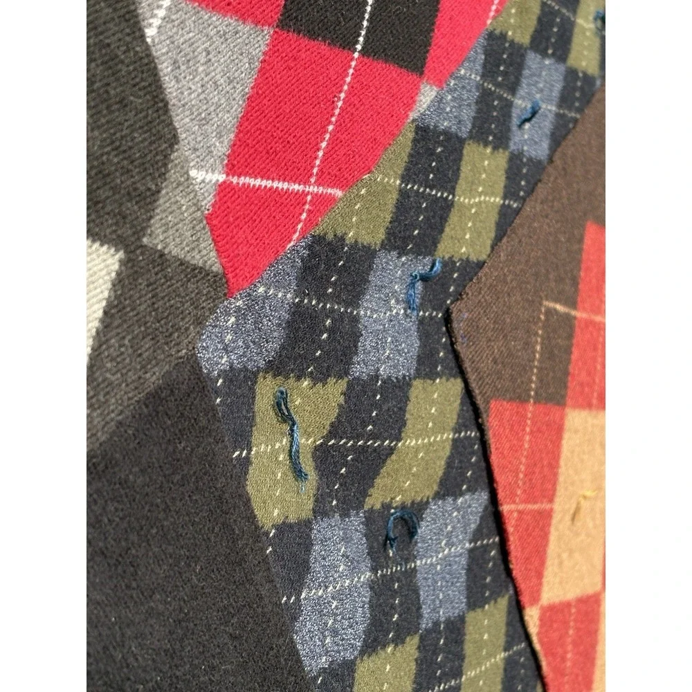 Vintage Hand Tied Argyle Knit Sweater Quilt Blanket Preppy Cotton Back Upcycled